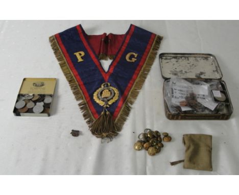 An Oddfellows sash, coins and WWI buttons