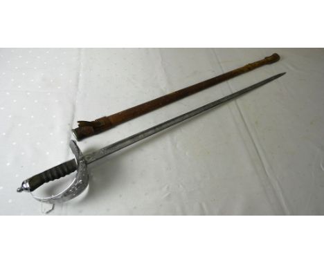 A 1897 pattern GVR sword and scabbard,the blade etched with The Royal Engineers and the edge of the sword stamped F.B.Haward 