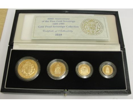 500th Anniversary of the first gold Sovereign 1489-1989 gold proof sovereign collection: four coin proof set certificate set 