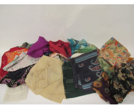 A selection of ladies fashion scarves, a Deco crochet evening bag with a clasp depicting a Pierrot playing a musical instrume
