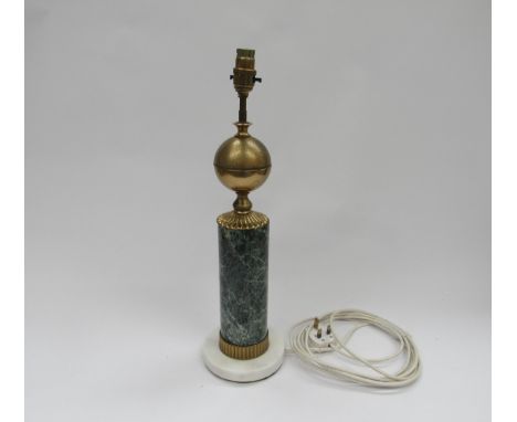 A stone and marble column form table lamp, gilt spherical form finial with a gilt coloured shade, shade a/f, 72cm tall 