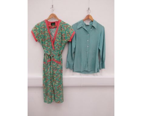 Roots of London 1970's green pattern cotton dress edged in plain coral, a blue "Miss Selfridge" blouse and a brown crochet bi