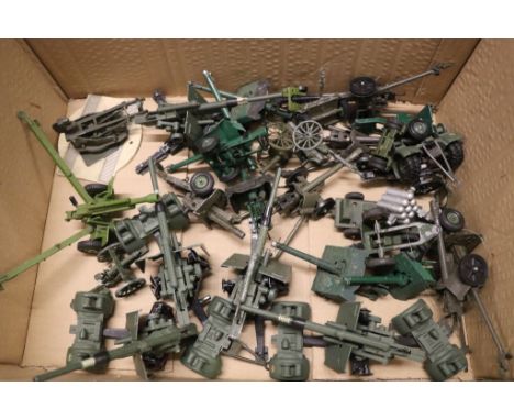 Collection of 24 Army Artillery Guns including Dinky 88mm Guns and Britains plus Two Canons, etc (approx. 27)