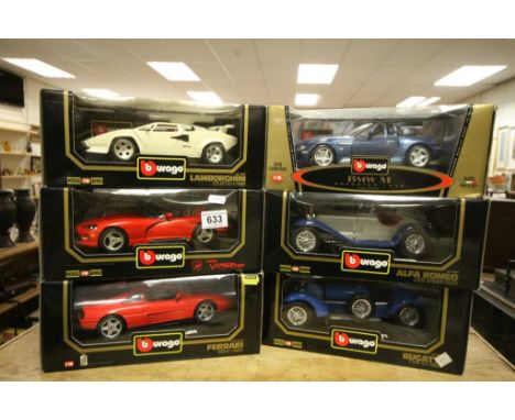 Six boxed Burago 1:18 models to include Dodge Viper RT/10,Ferrari 348tb, Alfa Romeo 2300 Spider and Bugatti Type 59, Lamborgh