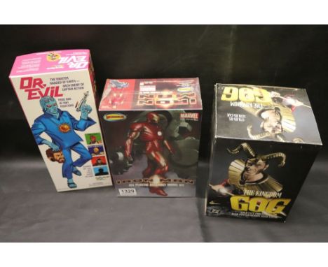 Three Boxed Figures - Playing Mantis Dr Evil, Moebius Marvel Iron Man Assembly Kit and D C Comics The Kingdom Gog Porcelain S