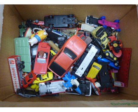 Collection of vintage toys and games to include straw filled monkey soft toy (showing wear), diecast and plastic model vehicl