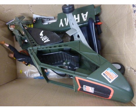 Two original Palitoy Action Man figures in original clothing plus accessories and vehicles featuring Transport Command 