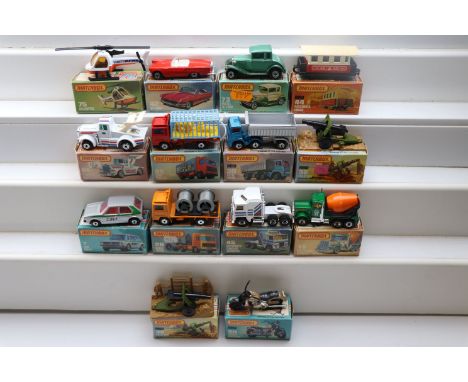 14 Boxed Matchbox 75 Series diecast models to include 75 Helicopter, 42 '57 T-Bird, 73 Model A Ford, 50 Harley Davidson, 32 F