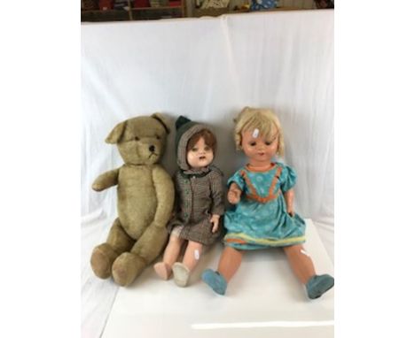 Two Mid 20th C dolls showing play wear plus a vintage teddy bear 22" approx height 