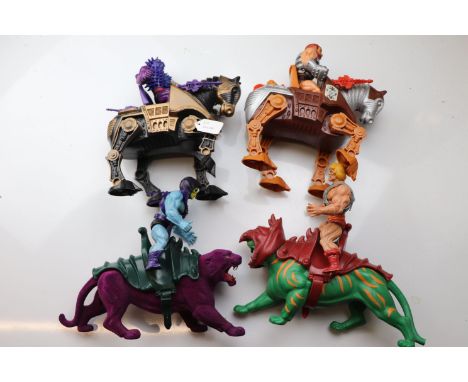 Collection of four original Mattel He Man Masters of the Universe accessory animals and four figures to include He Man & Batt