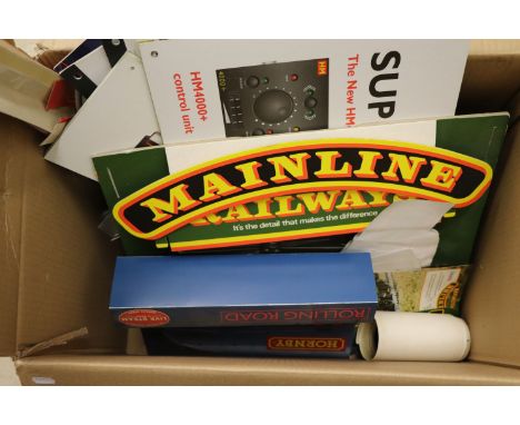 Collection of ex shop model railway promotional material to include cardboard signs, stickers and ephemera featuring Hornby, 
