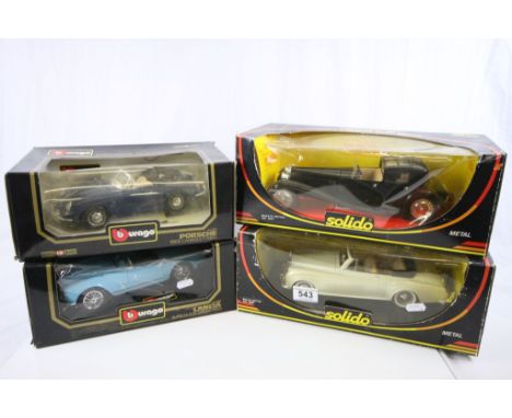Four boxed models to include Solido Prestige x 2 (8001 Bugatti Royale & 8006 Rolls Royce) and Burago 1/18 x 2 (Porsche 356B C