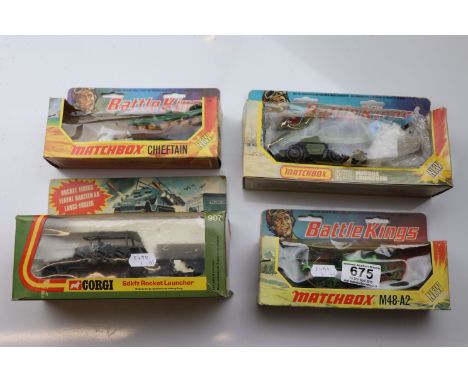 Three boxed Matchbox Battle Kings to include K-111, K-102 & K-103 plus a boxed Corgi 907 Sdkfz Rocket Launcher, diecast vg, b
