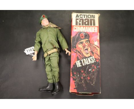 Boxed Palitoy Action Man Commander 'He Talks!' figure with weapon, belt, hat and boots, talking mechanism working well, box g