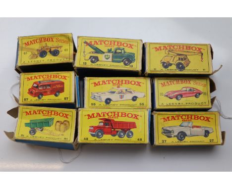 Nine boxed Matchbox 75 series diecast models to include 51 Tipper with two barrels, 27 Mercedes Benz 230SL, 13 BP Truck, 57 L