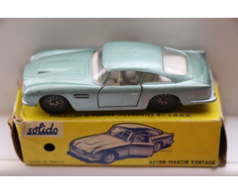 Boxed Solido 130 Aston Martin Vantage diecast model in metallic silver green, excellent condition, box gd but tatty plus a So