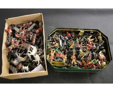 Collection of Lead Figures and Animals dating from Early 20th century including Native Americans, Cowboys, Soldiers, Hunting,
