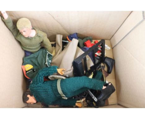 Collection of original Palitoy Action Man to include 2 x figures, one with Eagle Eyes, weapons, weapon rack, accessories and 