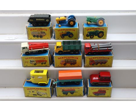 Nine boxed Matchbox 75 Series diecast models to include 35 Snow Trac, 10 Pipe Truck, 58 DAF Girder Truck, 43 Pony Trailer wit