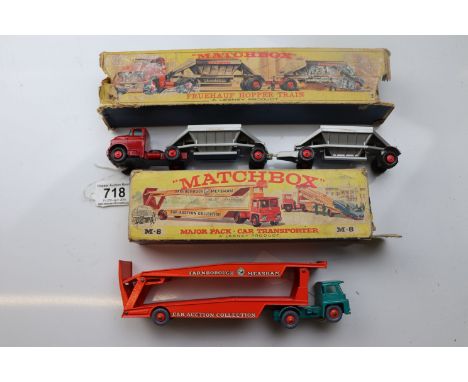 Boxed Matchbox Major Pack M8 Car Transporter and M4 Fruehauf Hopper Train, some paint loss, boxes with faults