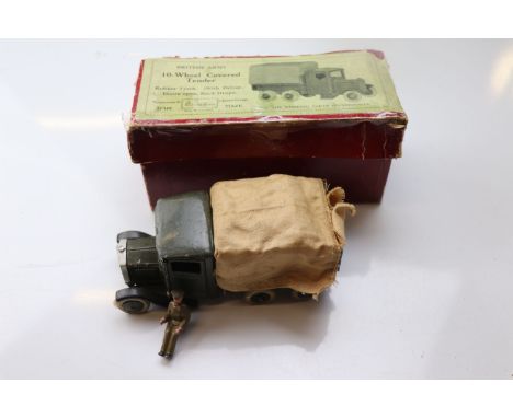 Boxed Britains 1432 Army Covered Lorry 10-Wheel vehicle with driver, some paint wear and cream tyres have lost shape, cover i