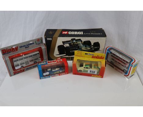 Five boxed diecast models to include Corgi 190 JSP Lotus Formula 1, Solido 14 Matra Le Mans 74, Dinky 297 Silver Jubilee Bus,