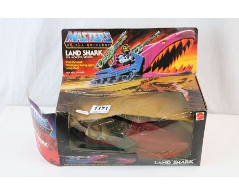 Boxed Mattel He Man Masters of the Universe Land Shark Evil Monster Vehicle in gd condition with an unused sticker sheet, box