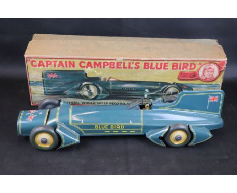 Boxed Gunthermann (Germany) Captain Campbell's Bluebird tin plate clockwork car in blue with yellow detail, both Union flag A