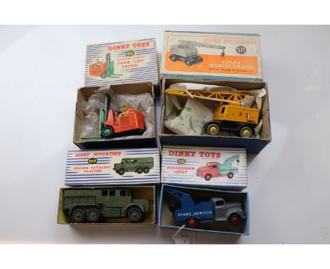 Four boxed Dinky Supertoys models to include 430 Breakdown Lorry in blue & grey (repro box), 689 Medium Artillery Tractor, 57