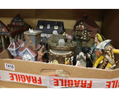 Collection of Ceramic and Resin Model Buildings and Figures including Greek  Temple, Cottages, Haunted Houses (15)