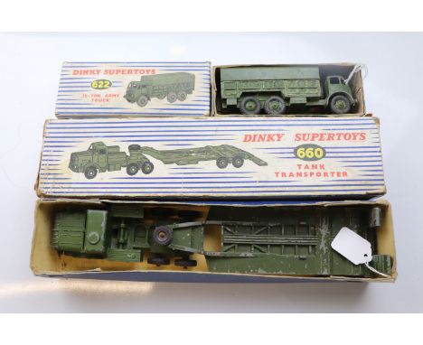 Two boxed Dinky Supertoys military vehicles to include 660 Tank Transporter and 622 10-Ton Army Truck, both play worn, boxes 