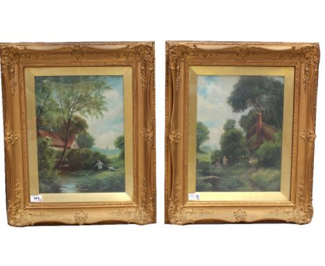 IN THE STYLE OF HERBERT SIDNEY PERCY (b1863); a pair of oils on canvas, landscapes with children playing in a brook near cott
