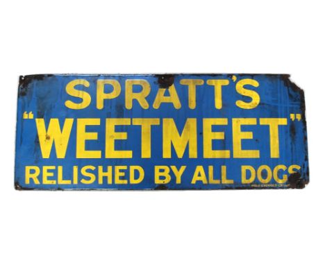 A vintage rectangular enamel advertising sign, 'Spratt's "Weetmeet" Relished by all Dogs', further marked 'Wood & Penfold Ltd