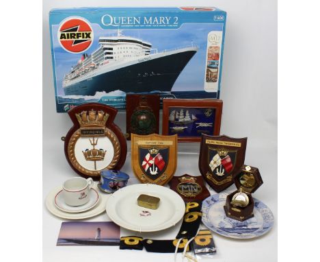 A group of maritime-themed items to include five ships' plaques including Invincible, Gibraltar and Merchant Navy, Royal Navy