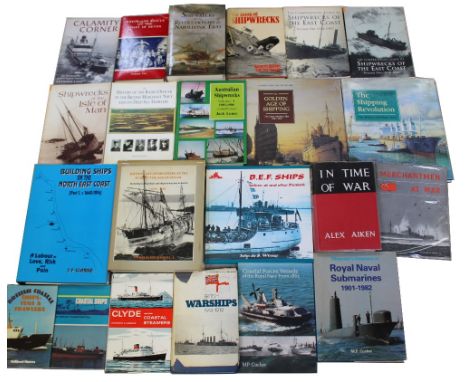 A collection of maritime-themed books with shipwreck examples including 'Wreck and Rescue on the Coast of Devon' by G. Farr, 