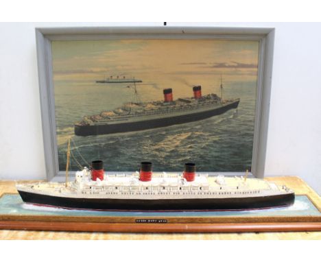 A large model of the Queen Mary, 1936, 132 x 21cm, also a framed  Cunard Line print of Queen Elizabeth with Queen Mary in the