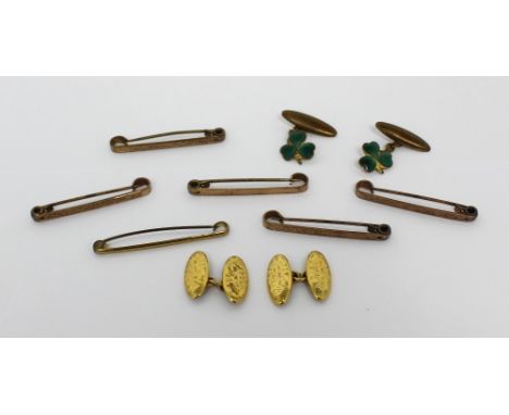 A 9ct gold pair of bright-cut cufflinks, approx 3.5g, a pair of shamrock enamel cufflinks and six gold-coloured metal tie pin