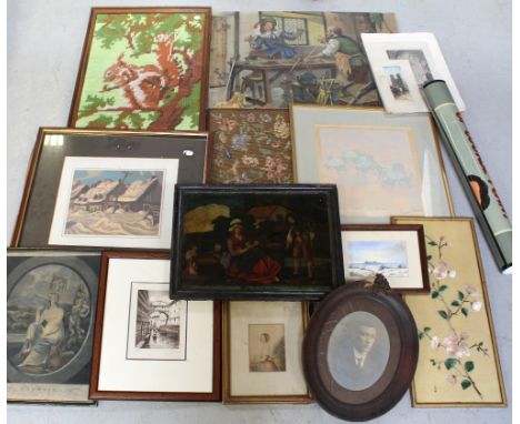 A mixed lot of prints and tapestries to include a 19th century print on glass 'Hop Picking', pokerwork pictures and Baxter pr