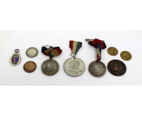 A quantity of coins and medals to include two medals commemorating the Diamond Jubilee of Queen Victoria, a silver and enamel