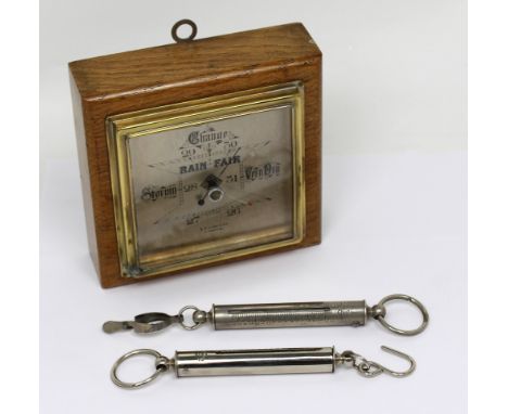An oak-cased barometer, the square dial stamped for 'A.C. Lowe & Co Liverpool', 14.5 x 14.5cm and a cased pair of early 20th 