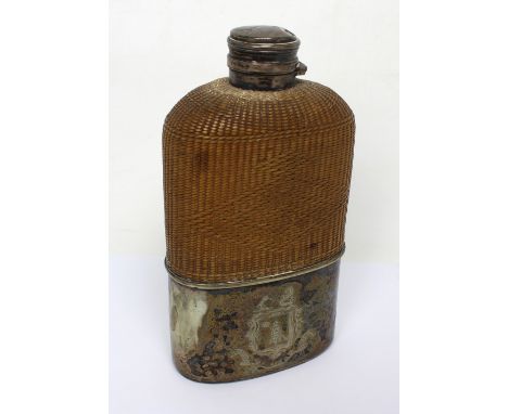 A Victorian hallmarked silver topped hip flask with basket weave cover, heraldic inscription to plated base, for Clan MacGreg