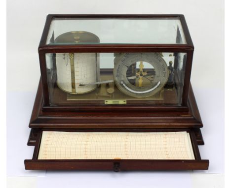 A 19th century cased barograph with barometer dial and thermometer, by Chadburn of Liverpool, mounted on single-drawer base t