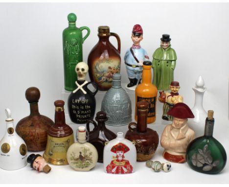 A quantity of decorative ceramic whisky decanters to include one with stopper modelled as a skull, a stopper modelled as a li