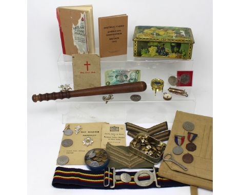 A mixed group of military equipment to include Royal Electrical and Mechanical Engineers belt and buckle, khaki chevron armba