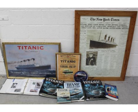 A small group of Titanic interest items comprising a poster for the 'Titanic Exhibition at the Pyramid, Memphis 1997', a larg