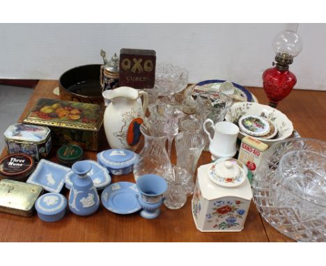 A mixed lot of ceramics to include Wedgwood, blue dip boxes, dishes and vases, a Poole bowl, Victorian gilt-decorated jug wit