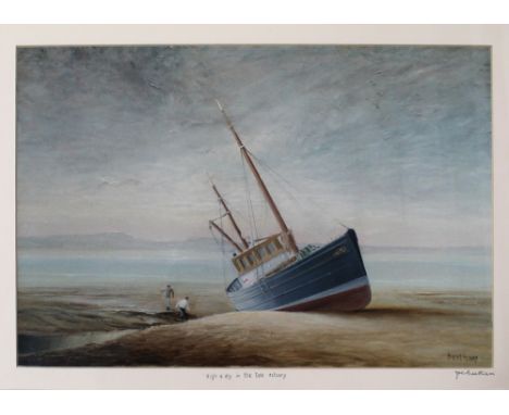 After Joe Beetham (1918-2012): a facsimile print of a beached fishing boat at high tide, 'High and Dry in the Dee Estuary', w