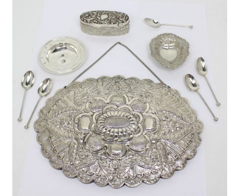 A Continental silver modesty mirror of oval form, width 29.7cm, an Elizabeth II engraved Armada dish by Asprey of London, dia