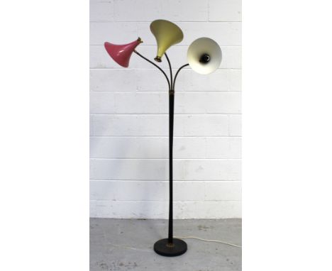 A retro-style three-branch floor-standing lamp with grey, pink and yellow metal shades, height approx 181cm. CONDITION REPORT