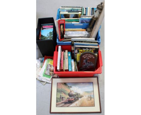 A GWR lamp and a quantity of railway and steam train themed books to include 'The Illustrated History of British Railways' by